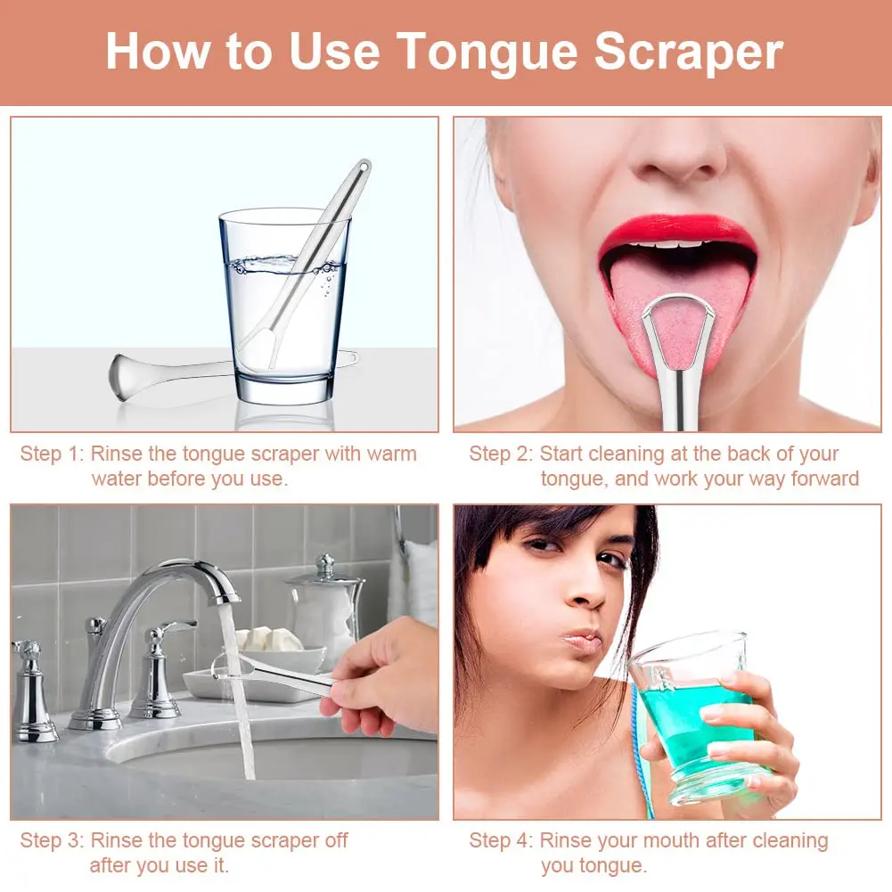 This three-piece stainless steel tongue scraper set includes U-shaped, double-sided, and spoon-shaped scrapers for effective tongue cleaning and fresh breath for adults.