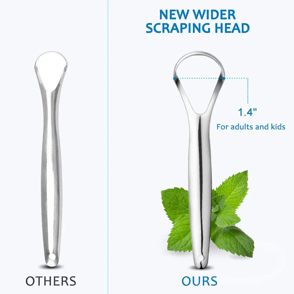 This two-pack of stainless steel tongue scrapers effectively cleans the tongue to remove bacteria and food particles, helping to reduce bad breath for both adults and children.