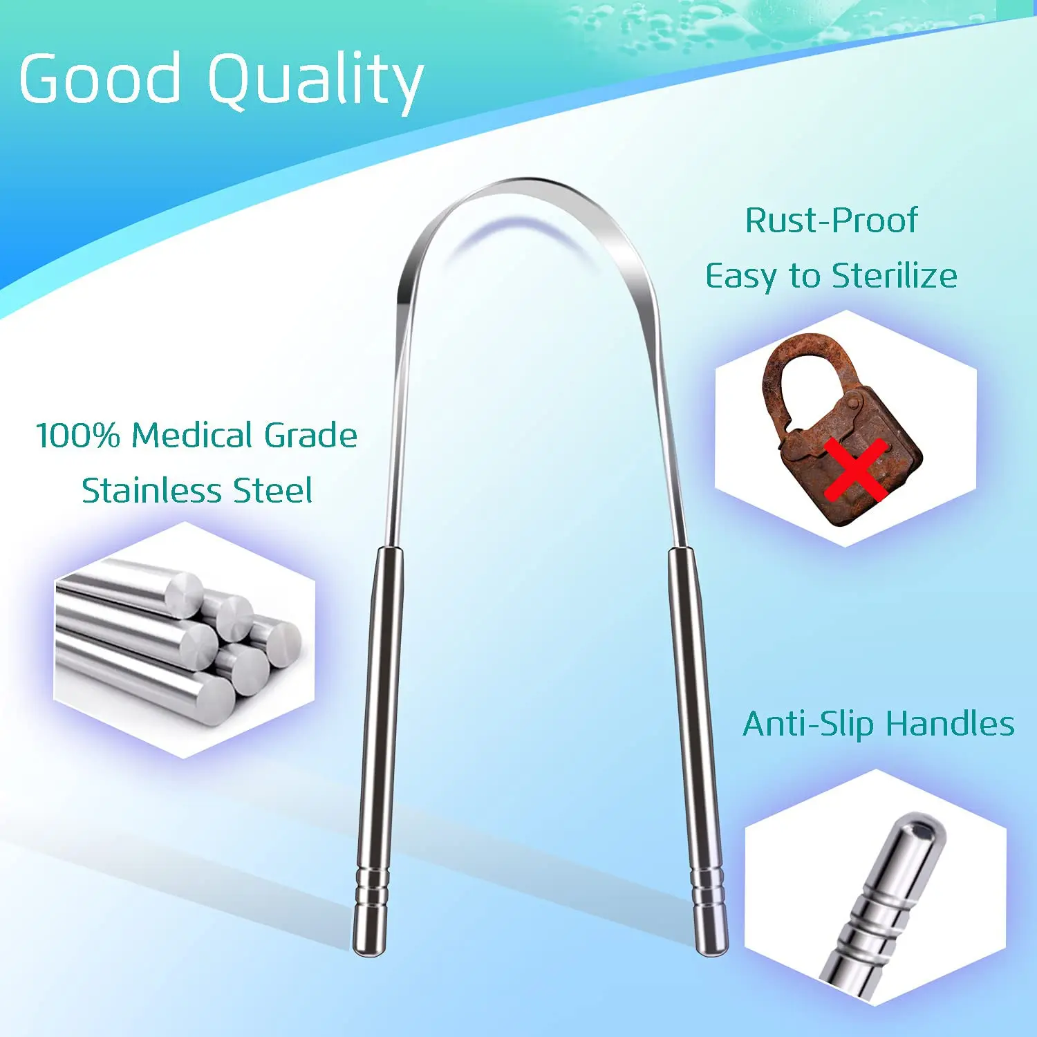 This set includes stainless steel and silicone tongue scrapers designed to effectively clean your tongue, reduce bad breath, and improve oral hygiene.