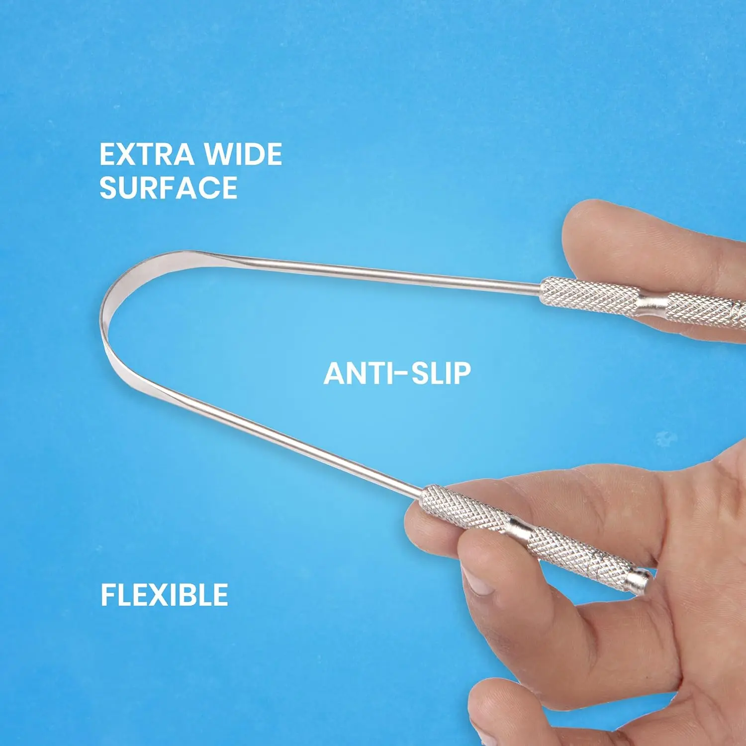 This stainless steel tongue scraper effectively reduces bad breath for adults, featuring a U-shaped design to gently clean the tongue and improve oral hygiene.