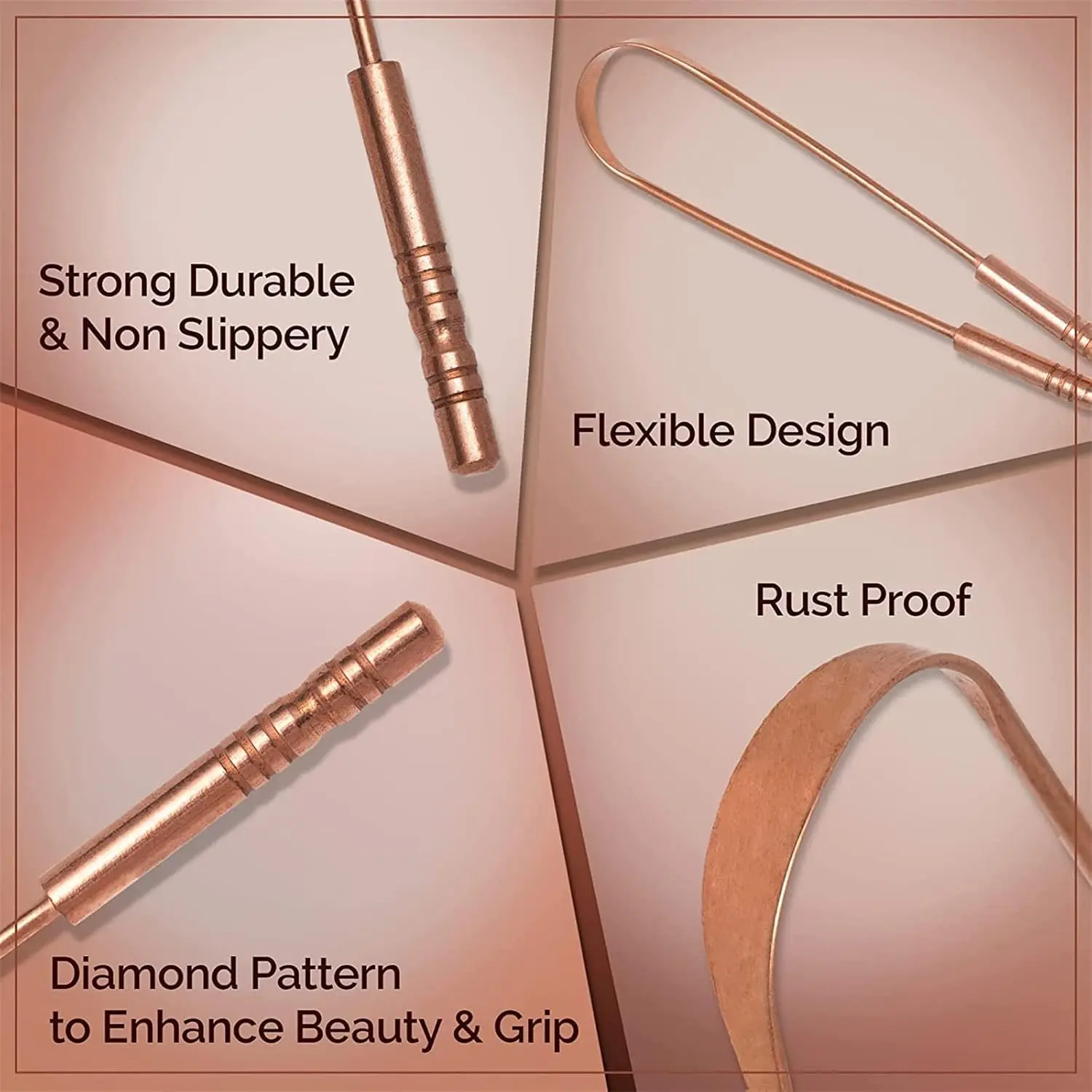 Two gold stainless steel tongue scrapers with ergonomic U-shaped design are shown, highlighting their effectiveness for adults and kids in treating bad breath and promoting oral hygiene.