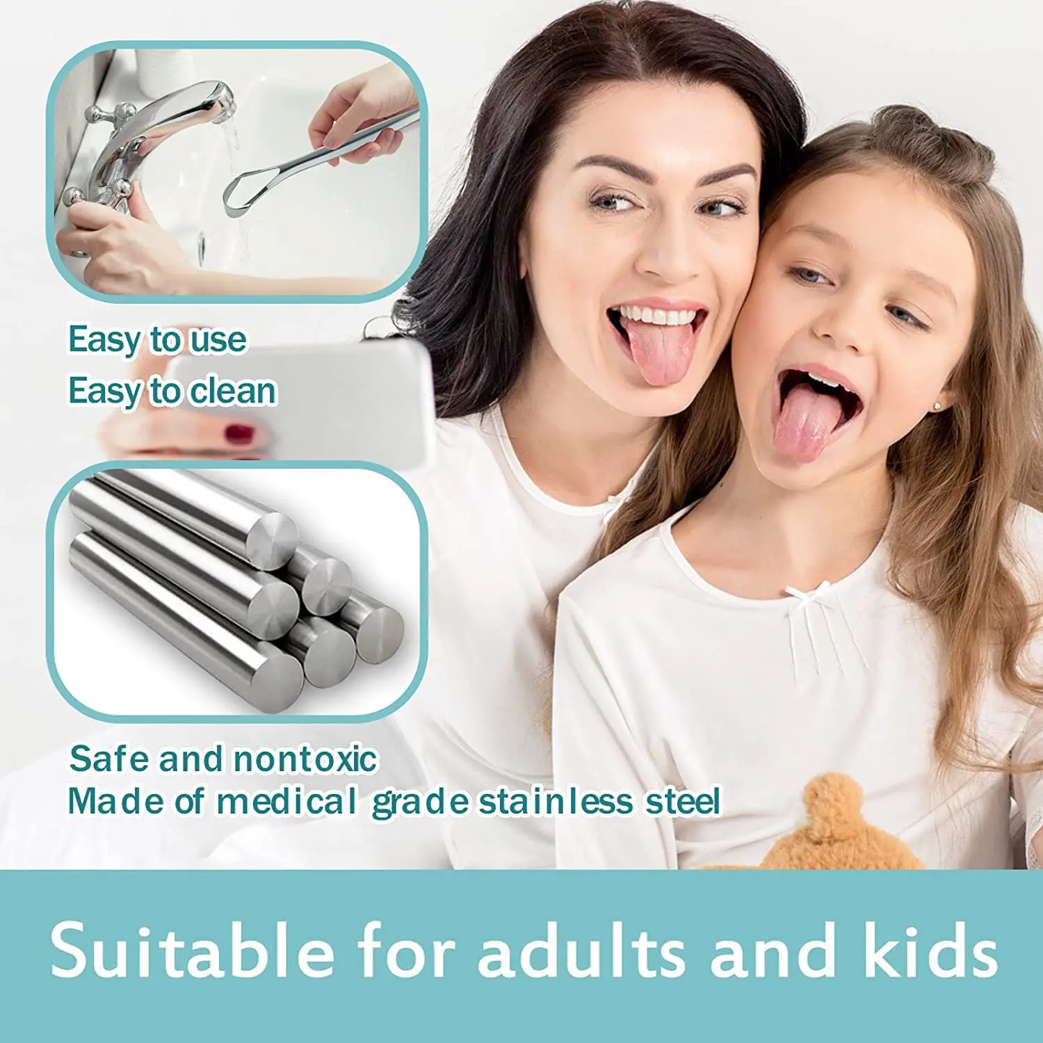Two stainless steel tongue scrapers with spoon-shaped design effectively clean the tongue, reduce bad breath, and improve oral health for adults and kids.