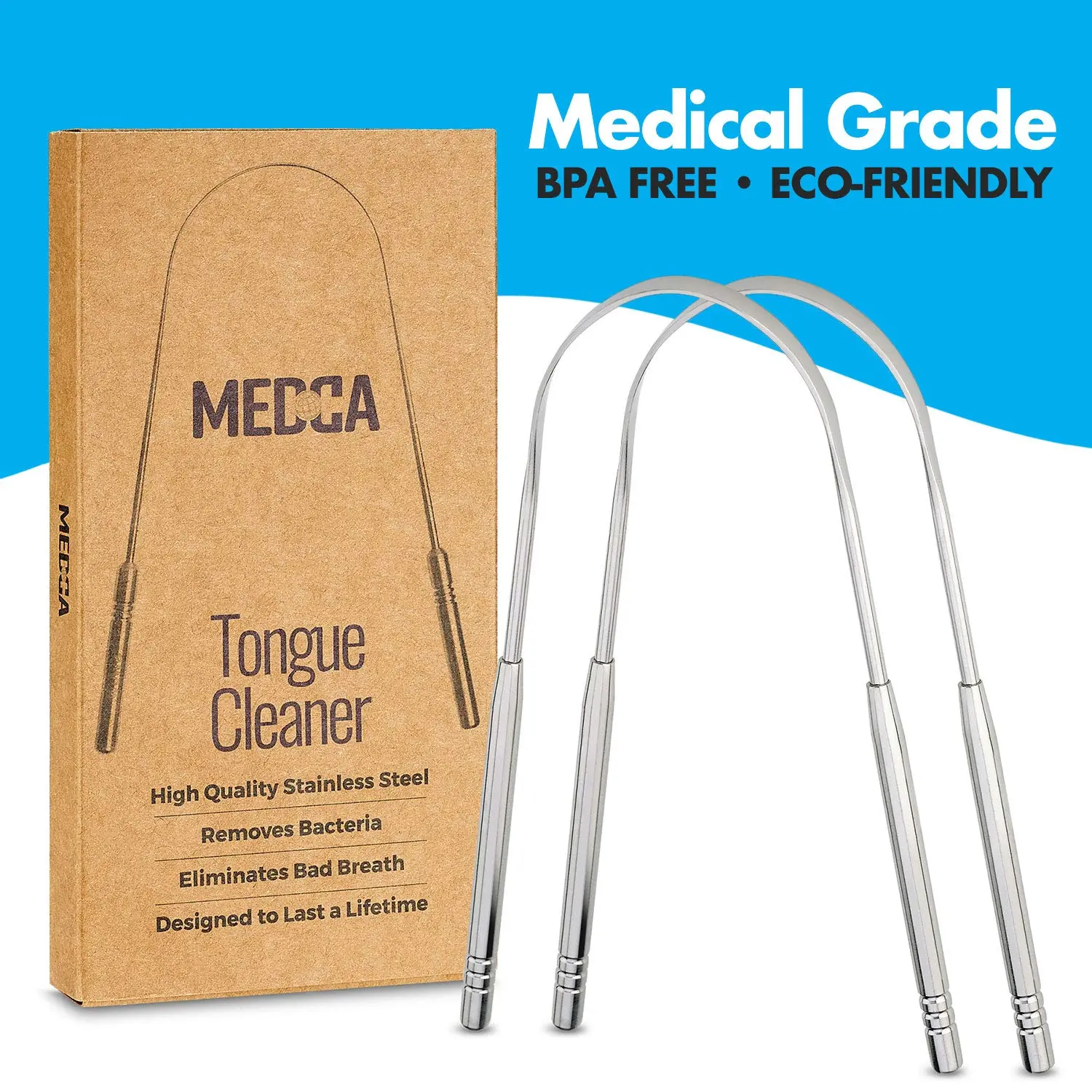This stainless steel tongue scraper removes build-up, reaches the entire tongue, and helps eliminate bad breath.