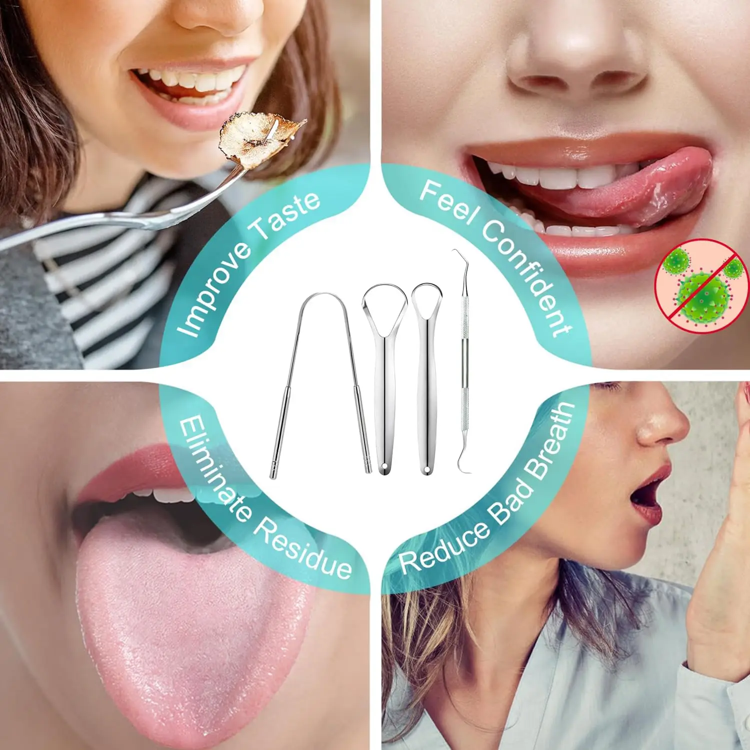 This four-piece stainless steel tongue scraper set includes a U-shaped scraper, two hollow scrapers, and a toothpick for effective bad breath removal and improved oral hygiene.