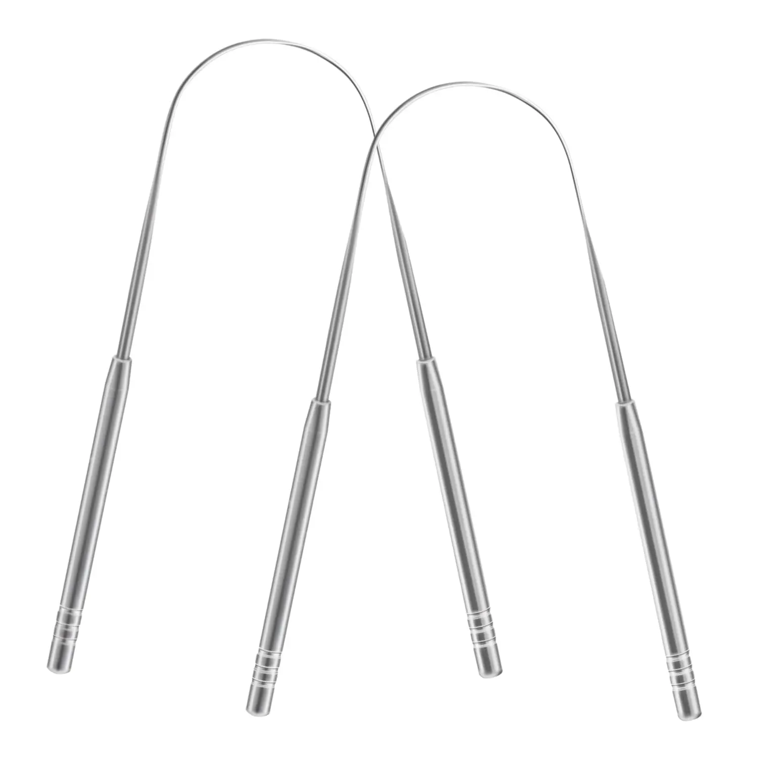This stainless steel tongue scraper effectively cleans the oral cavity, removes buildup, and helps freshen breath for better dental hygiene.
