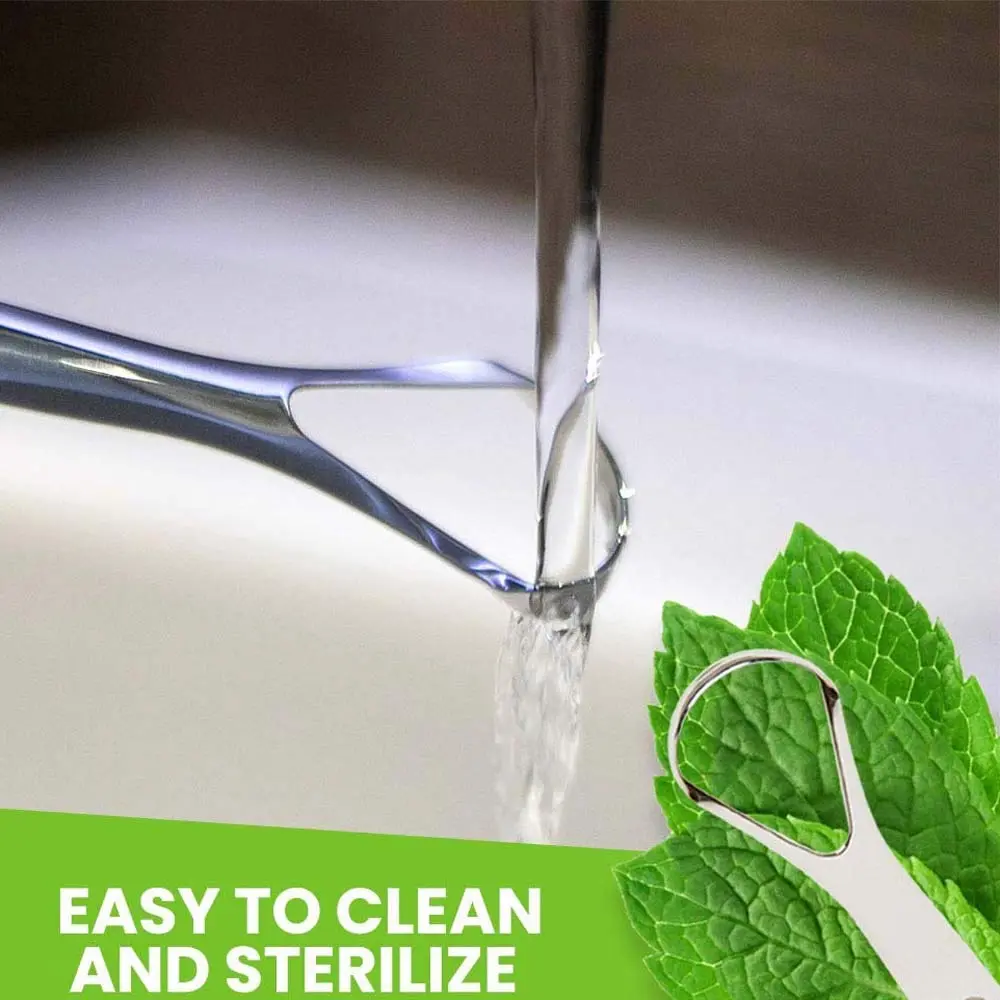 This stainless steel tongue scraper with a big size head helps remove bacteria causing bad breath and restore taste.