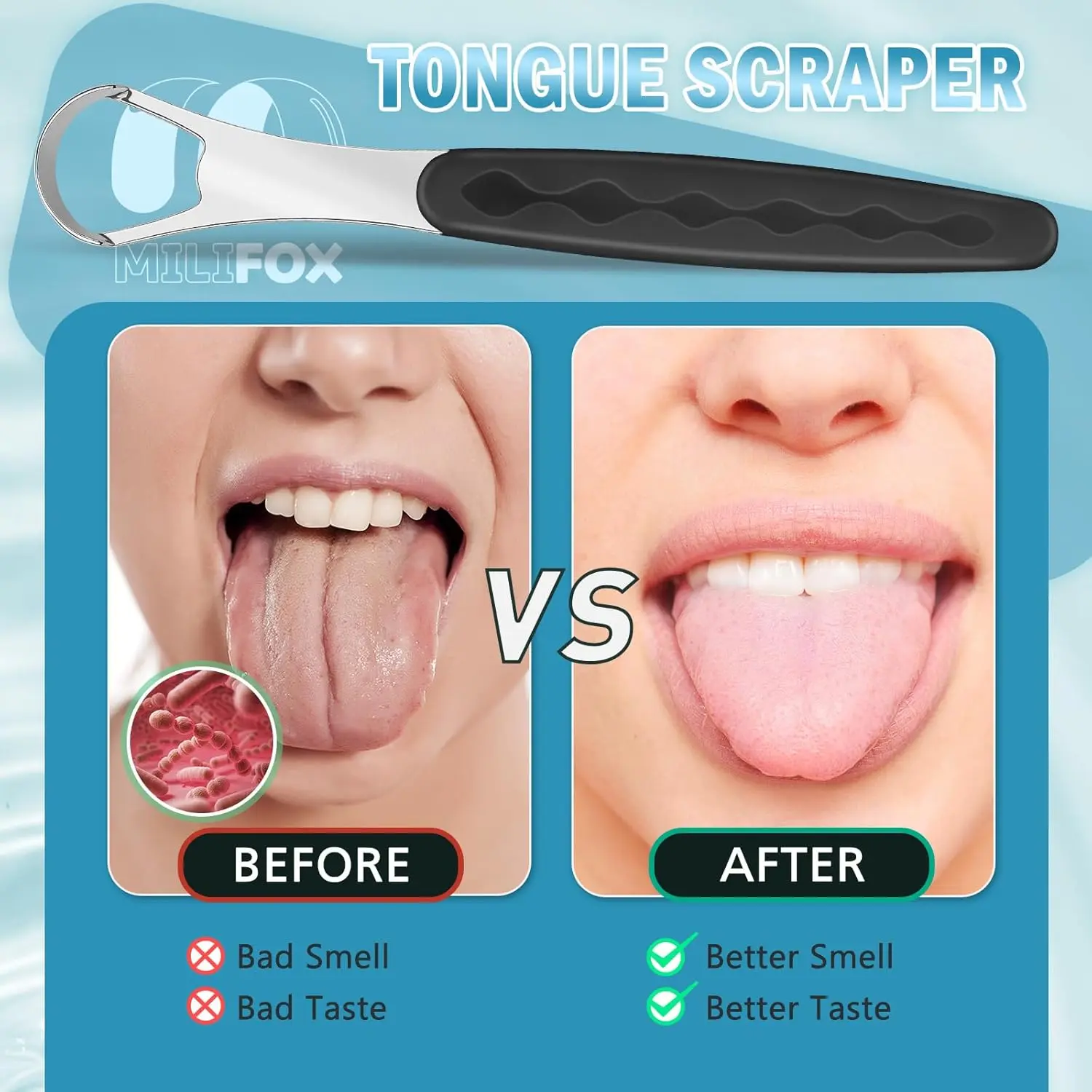 Medical-grade stainless steel tongue scraper with color-coded handle and travel case for adults and kids to promote oral hygiene and fresher breath.