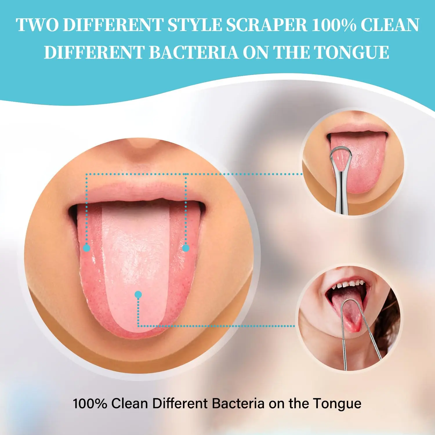 This four-piece stainless steel tongue scraper set includes a U-shaped scraper, two hollow scrapers, and a toothpick for effective bad breath removal and improved oral hygiene.