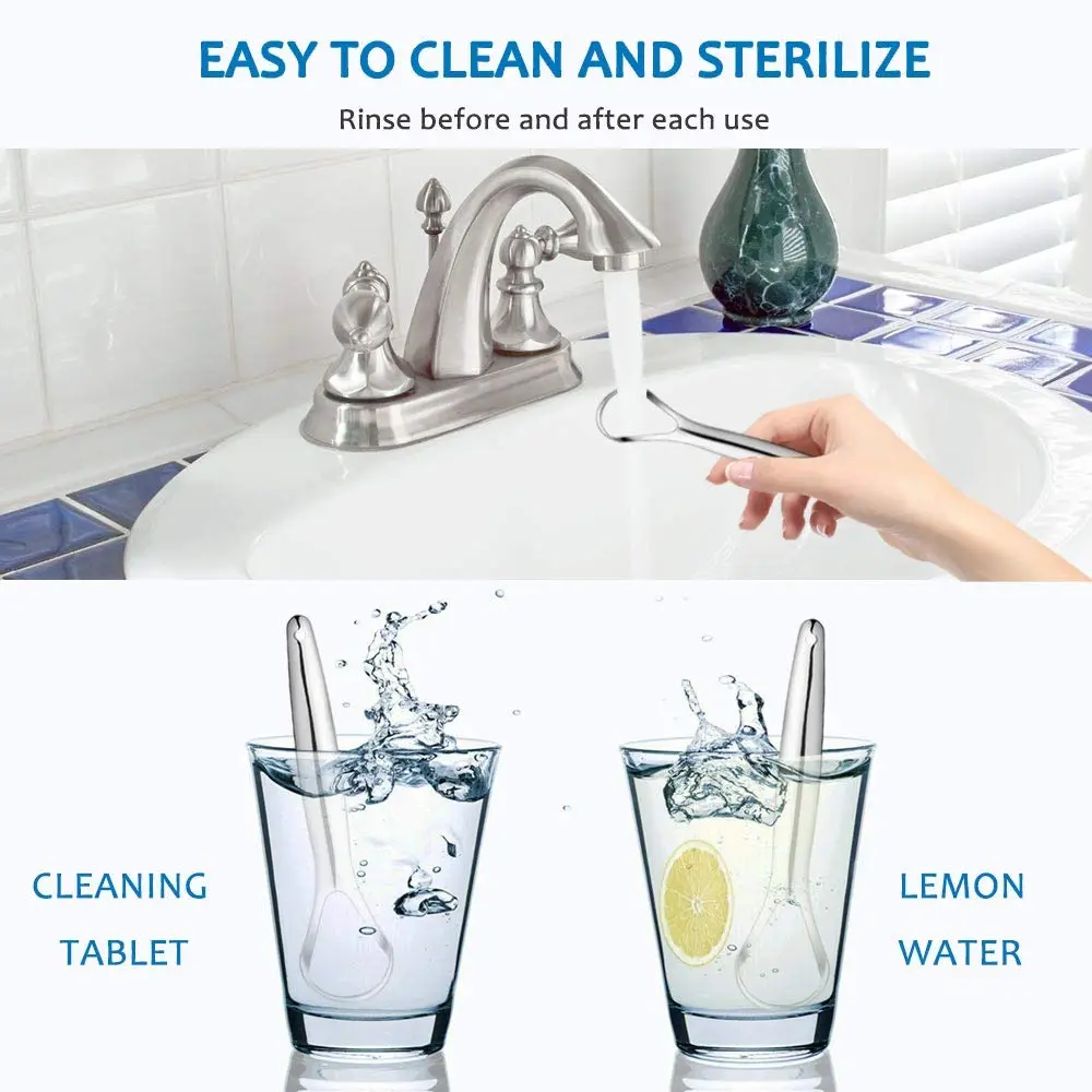 This two-pack of stainless steel tongue scrapers effectively cleans the tongue to remove bacteria and food particles, helping to reduce bad breath for both adults and children.