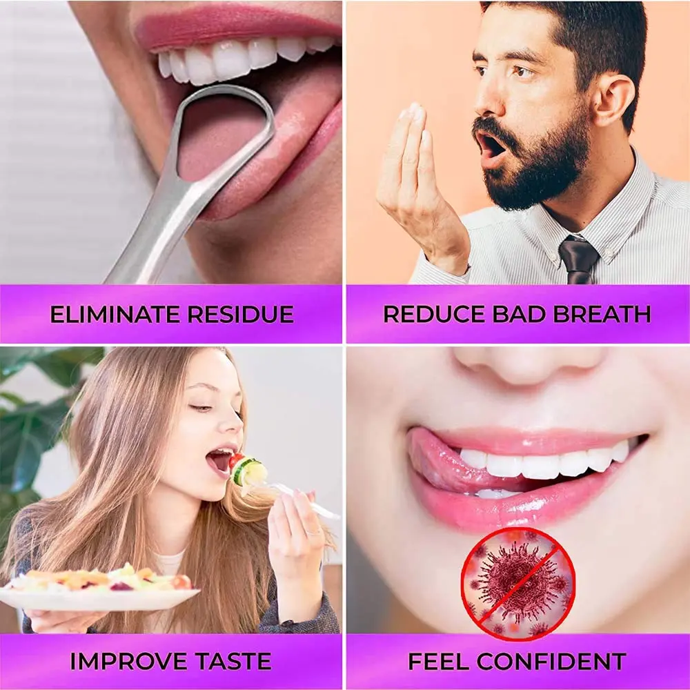 This stainless steel tongue scraper with a big size head helps remove bacteria causing bad breath and restore taste.