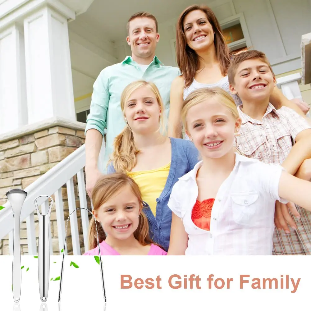 This three-piece stainless steel tongue scraper set includes U-shaped, double-sided, and spoon-shaped scrapers for effective tongue cleaning and fresh breath for adults.