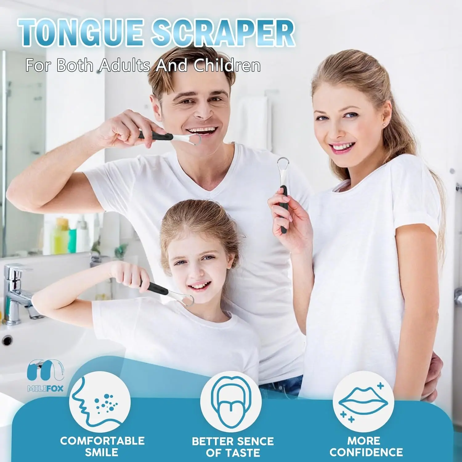 Medical-grade stainless steel tongue scraper with color-coded handle and travel case for adults and kids to promote oral hygiene and fresher breath.