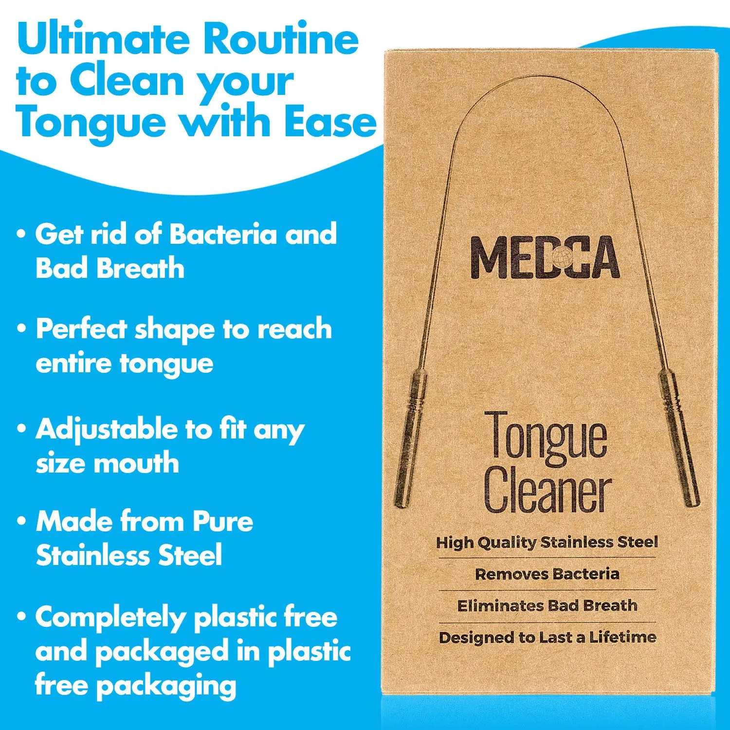 This stainless steel tongue scraper removes build-up, reaches the entire tongue, and helps eliminate bad breath.