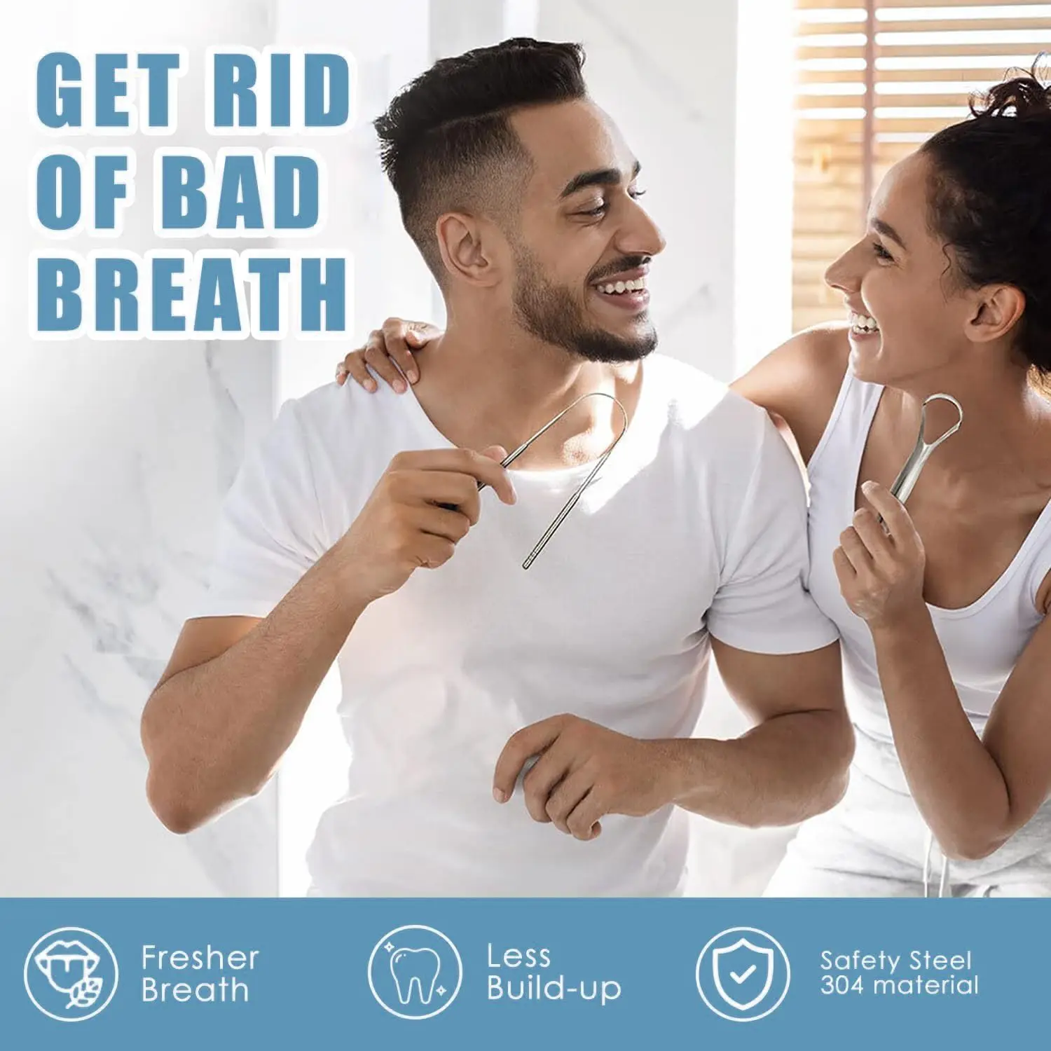 This four-piece stainless steel tongue scraper set includes a U-shaped scraper, two hollow scrapers, and a toothpick for effective bad breath removal and improved oral hygiene.