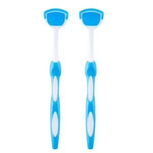 This image displays a blue tongue scrubber brush designed to effectively clean the tongue and reduce bad breath.