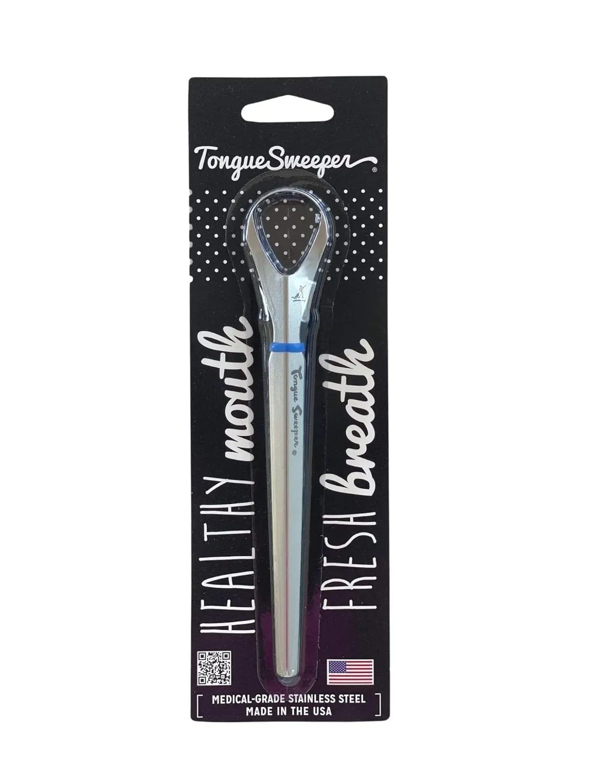 This stainless steel Tongue Sweeper Pro is a durable and hygienic tongue cleaner for effective oral hygiene and fresh breath.