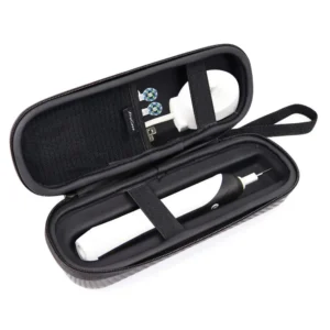 Black hard EVA travel case holder designed to protect Oral-B and Philips Sonicare electric toothbrushes, with mesh pocket for accessories and hand strap for easy carrying.