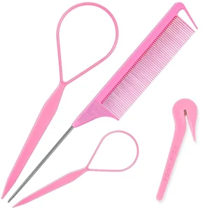This four-piece pink hair styling kit includes topsy tail tools, a braid maker, a ponytail tool, and a hair rubber band remover cutter for creating beautiful hairstyles.