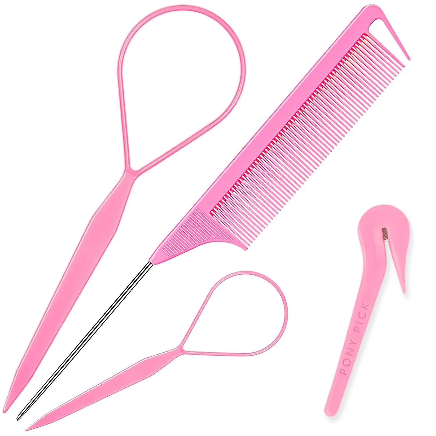 This four-piece pink hair styling kit includes topsy tail tools, a braid maker, a ponytail tool, and a hair rubber band remover cutter for creating beautiful hairstyles.