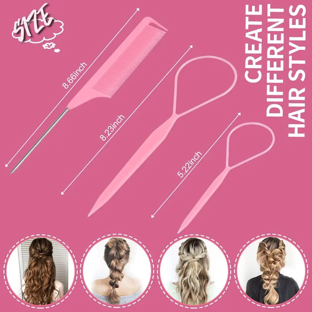 This four-piece pink hair styling kit includes topsy tail tools, a braid maker, a ponytail tool, and a hair rubber band remover cutter for creating beautiful hairstyles.