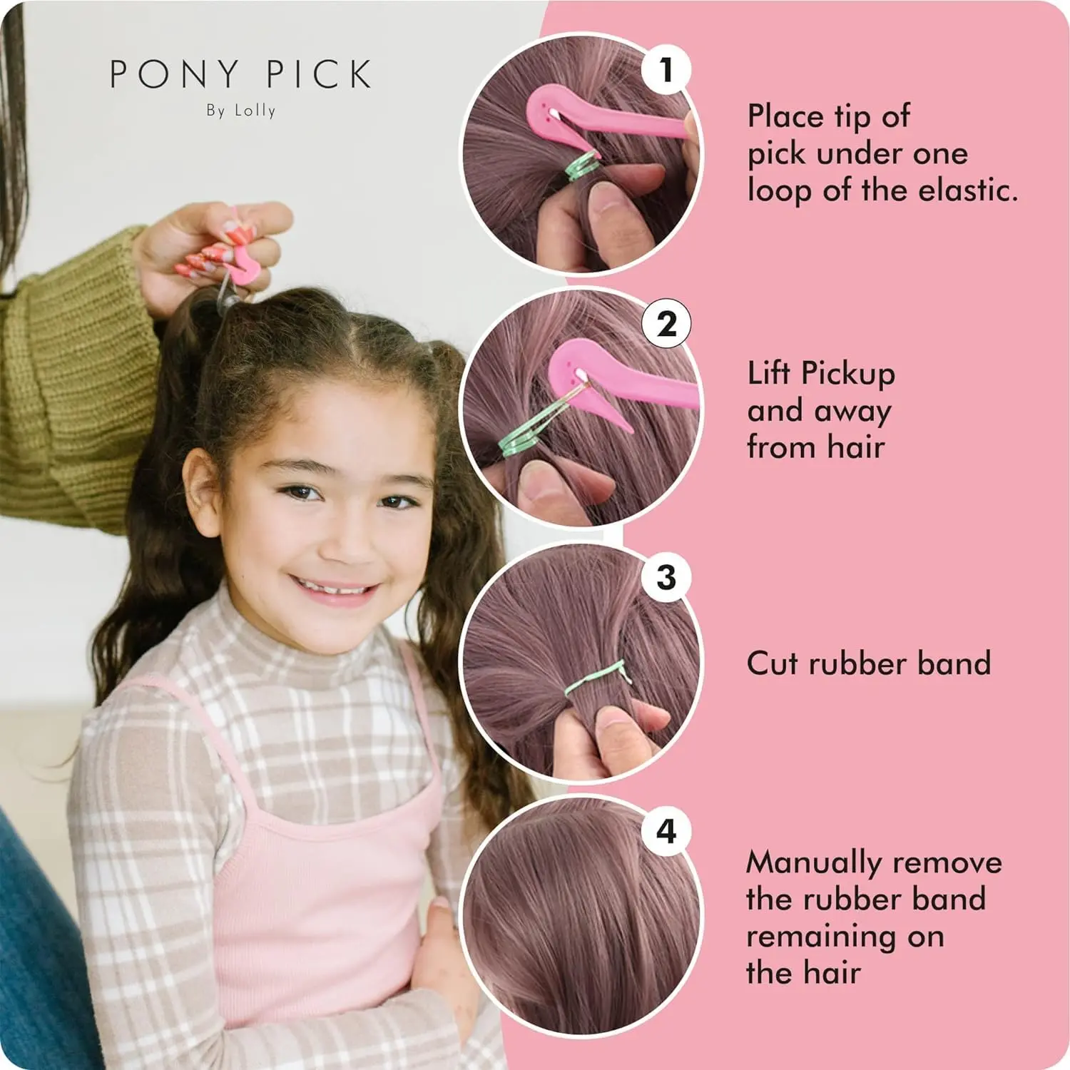 This four-piece pink hair styling kit includes topsy tail tools, a braid maker, a ponytail tool, and a hair rubber band remover cutter for creating beautiful hairstyles.