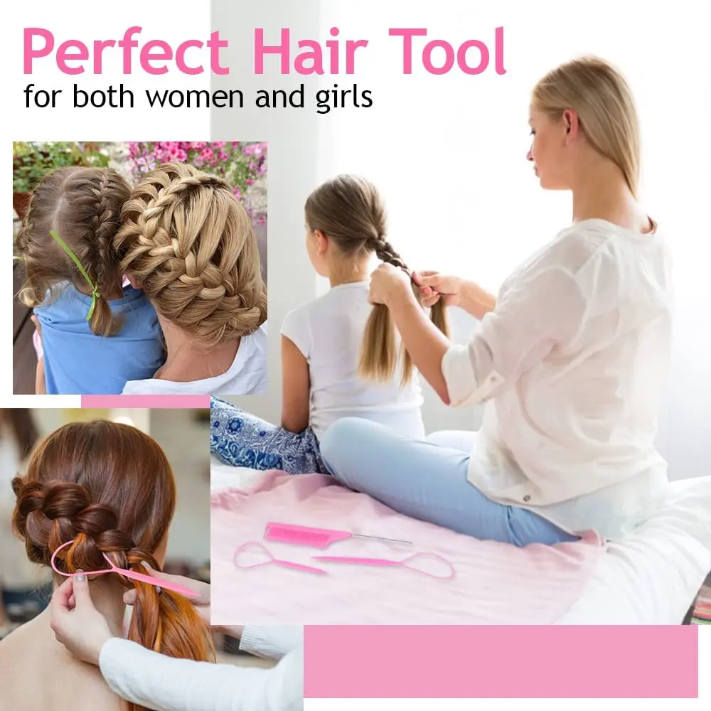 This four-piece pink hair styling kit includes topsy tail tools, a braid maker, a ponytail tool, and a hair rubber band remover cutter for creating beautiful hairstyles.