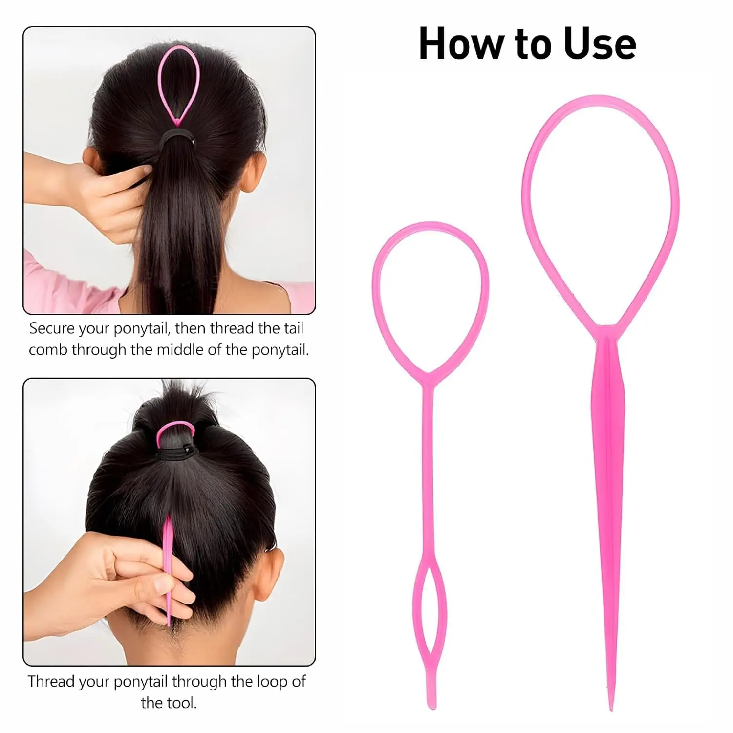 This four-piece pink hair styling kit includes topsy tail tools, a braid maker, a ponytail tool, and a hair rubber band remover cutter for creating beautiful hairstyles.