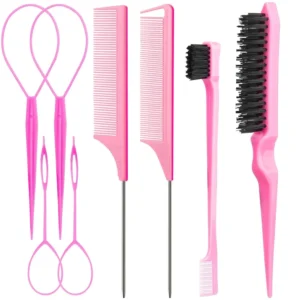 This 8-piece pink hair styling kit includes topsy tail tools, combs, and a double-sided edge brush for easy ponytails, braids, and sleek edges.