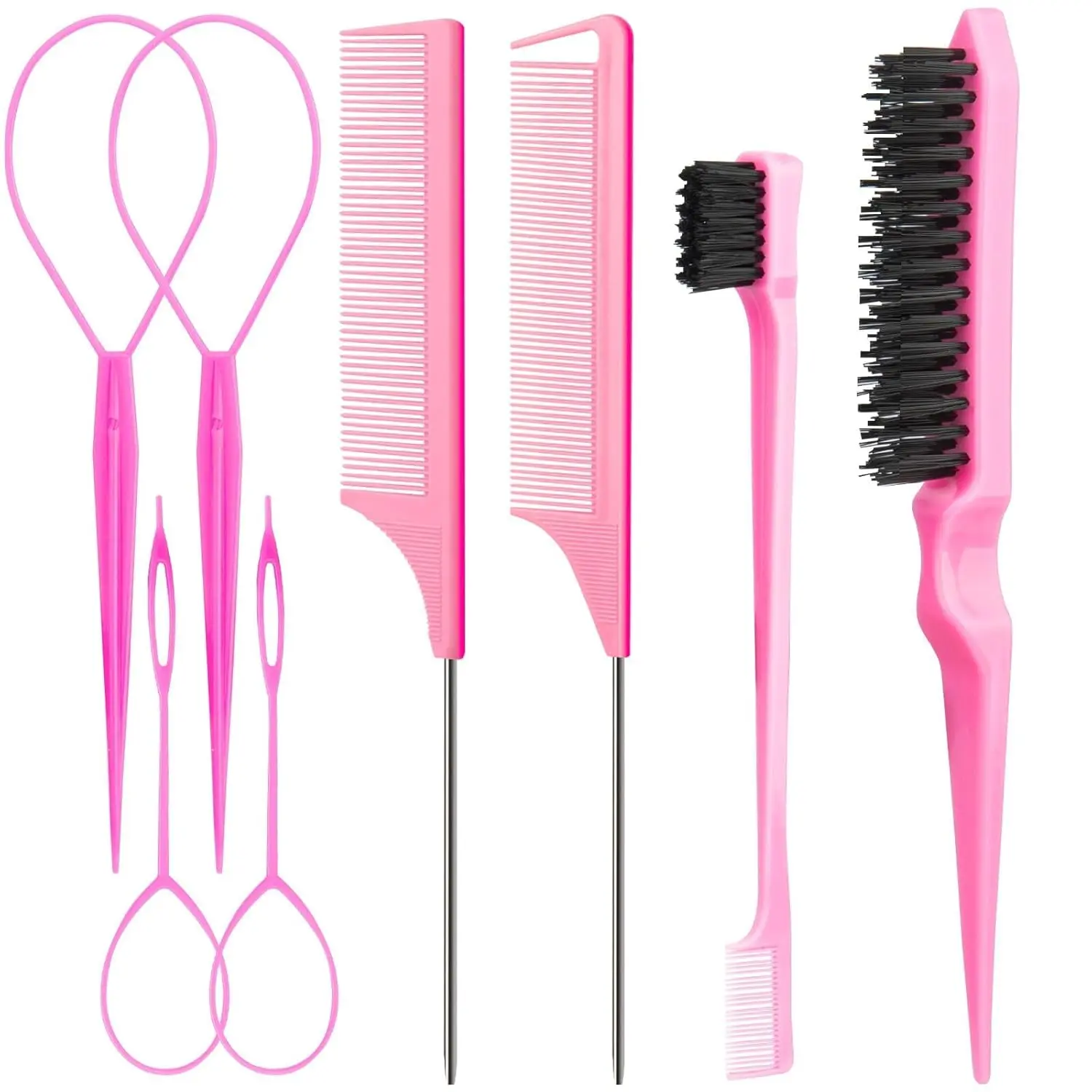 This 8-piece pink hair styling kit includes topsy tail tools, combs, and a double-sided edge brush for easy ponytails, braids, and sleek edges.
