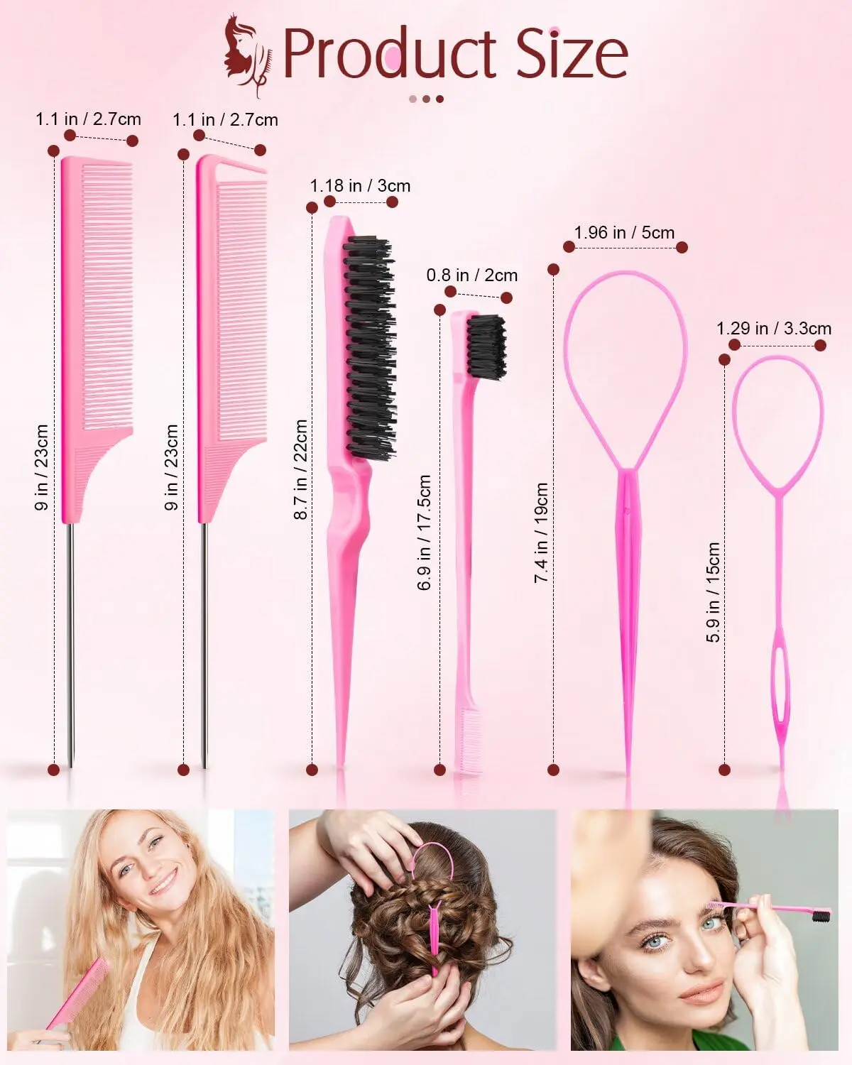 This 8-piece pink hair styling kit includes topsy tail tools, combs, and a double-sided edge brush for easy ponytails, braids, and sleek edges.