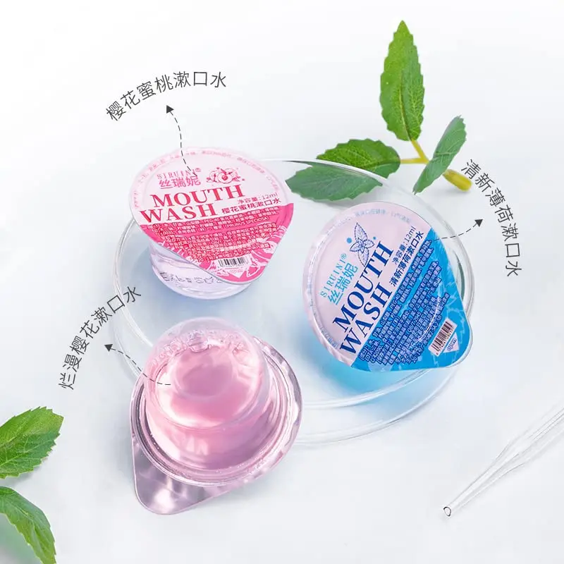 Individually wrapped travel mouthwash with fruit and mint flavor, perfect for portable oral care and fresh breath on the go.