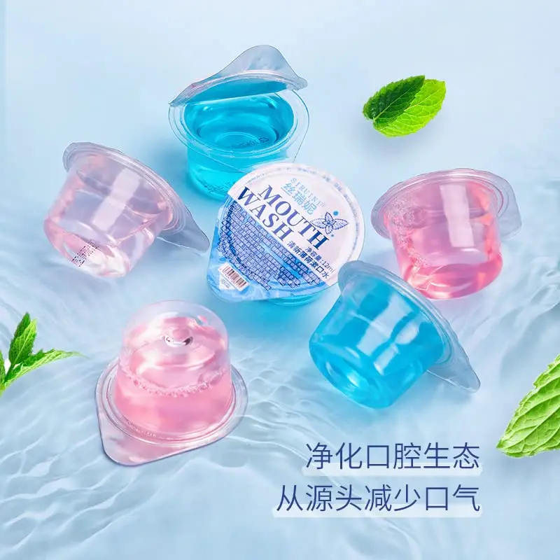 Individually wrapped travel mouthwash with fruit and mint flavor, perfect for portable oral care and fresh breath on the go.