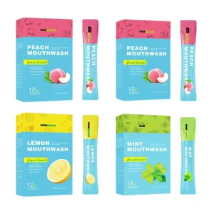 Four boxes of travel mouthwash packs with mixed flavors like lemon, peach, and mint, offering alcohol-free and powerful cleaning for fresh breath on the go.