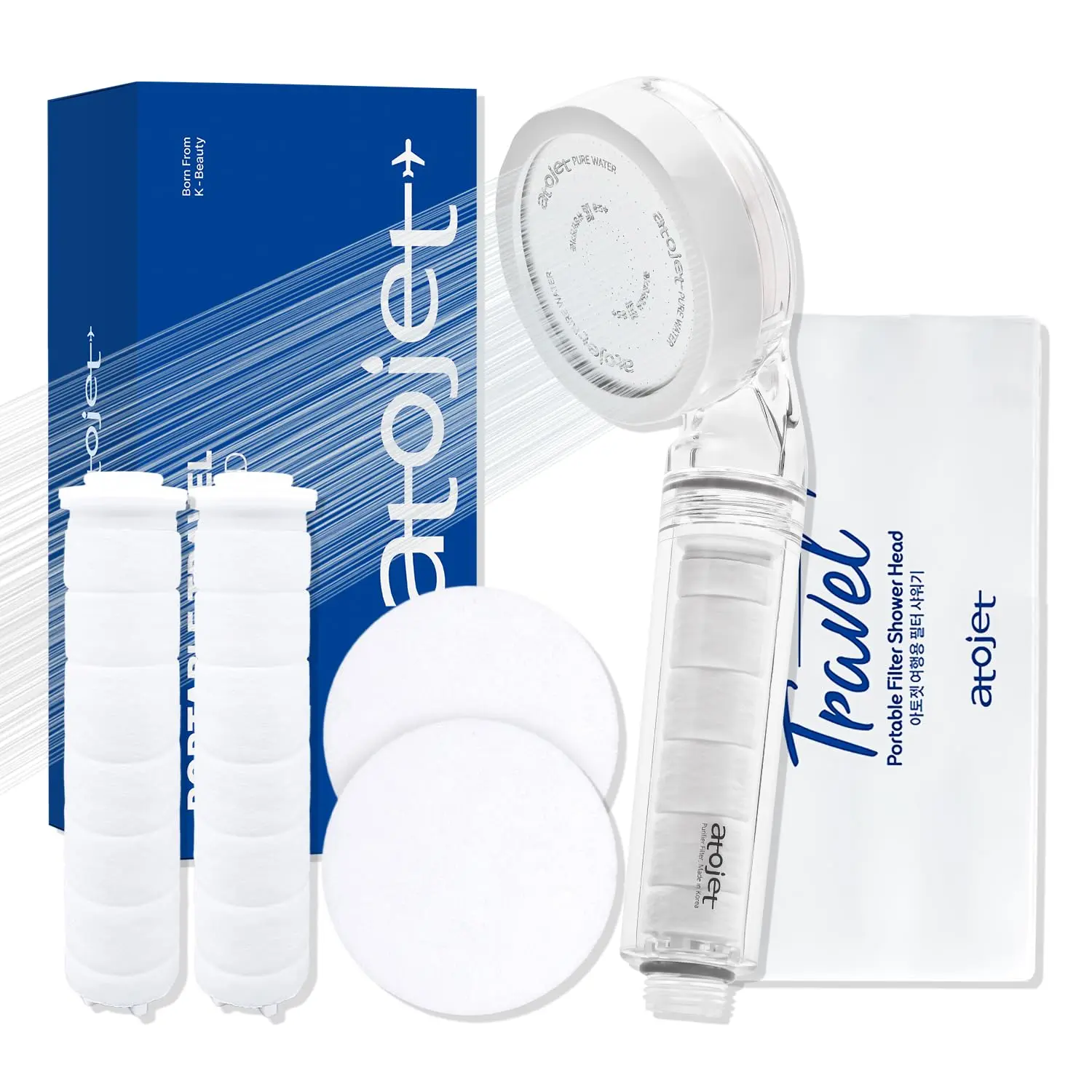 This travel shower filter set includes a mini filtered showerhead, two refill filters, and a travel pouch, providing cleaner, softer water for skin and hair wherever you go, inspired by Korean beauty rituals.