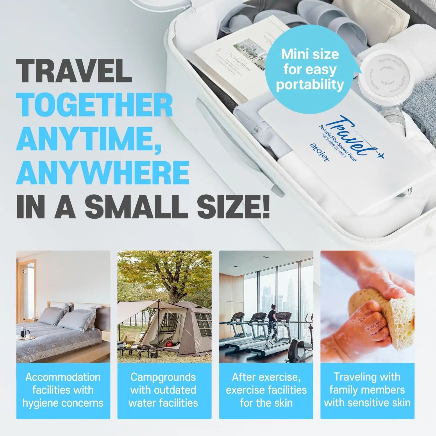 This travel shower filter set includes a mini filtered showerhead, two refill filters, and a travel pouch, providing cleaner, softer water for skin and hair wherever you go, inspired by Korean beauty rituals.