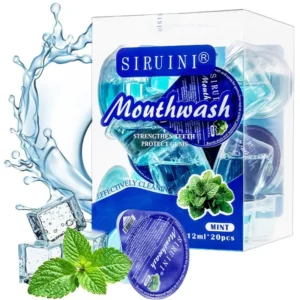 This image shows 20 individually wrapped, portable travel size mint mouthwash for fresh breath and oral cleaning on the go.