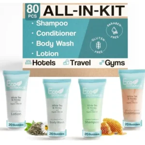 This 80 piece travel size toiletries set includes hotel shampoo, conditioner, body wash, lotion, and soap, enriched with organic aloe, honey, and olive oil for soft skin.