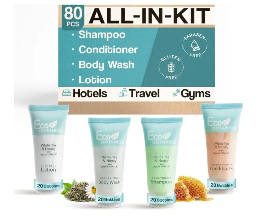 This 80 piece travel size toiletries set includes hotel shampoo, conditioner, body wash, lotion, and soap, enriched with organic aloe, honey, and olive oil for soft skin.