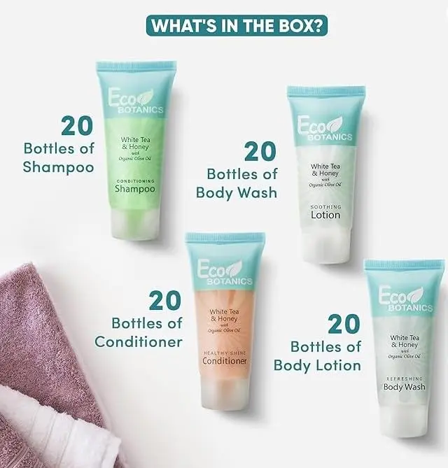 This 80 piece travel size toiletries set includes hotel shampoo, conditioner, body wash, lotion, and soap, enriched with organic aloe, honey, and olive oil for soft skin.