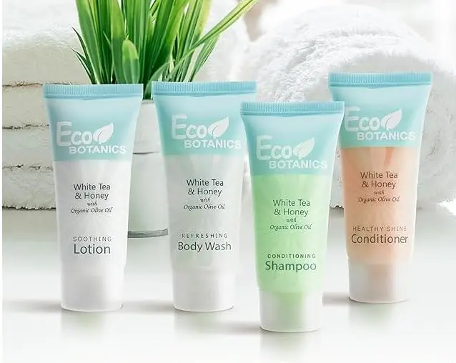 This 80 piece travel size toiletries set includes hotel shampoo, conditioner, body wash, lotion, and soap, enriched with organic aloe, honey, and olive oil for soft skin.