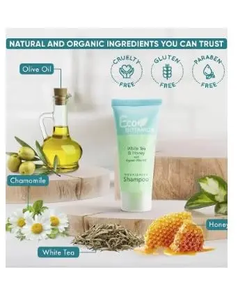 This 80 piece travel size toiletries set includes hotel shampoo, conditioner, body wash, lotion, and soap, enriched with organic aloe, honey, and olive oil for soft skin.