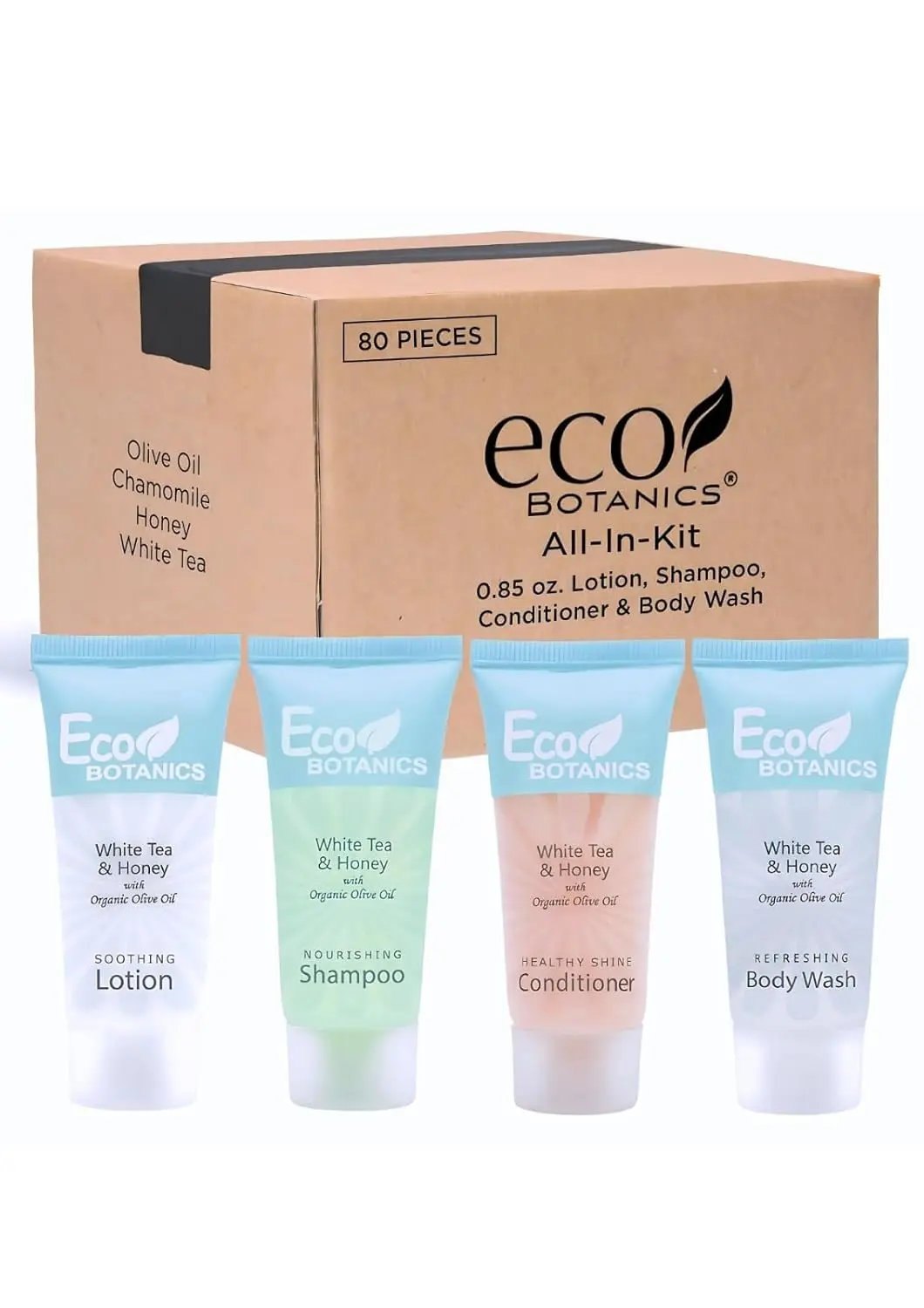 This 80 piece travel size toiletries set includes hotel shampoo, conditioner, body wash, lotion, and soap, enriched with organic aloe, honey, and olive oil for soft skin.