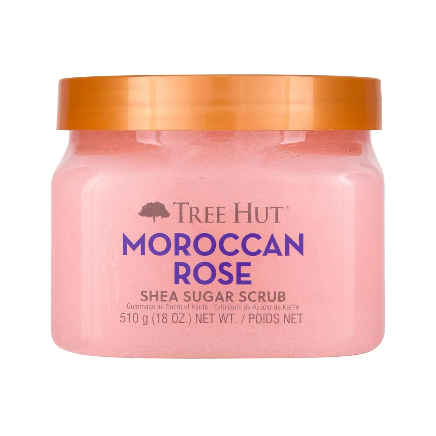 A jar of Tree Hut Moroccan Rose Shea Sugar Scrub provides gentle exfoliation and intense moisturization, leaving skin soft, smooth, and hydrated.