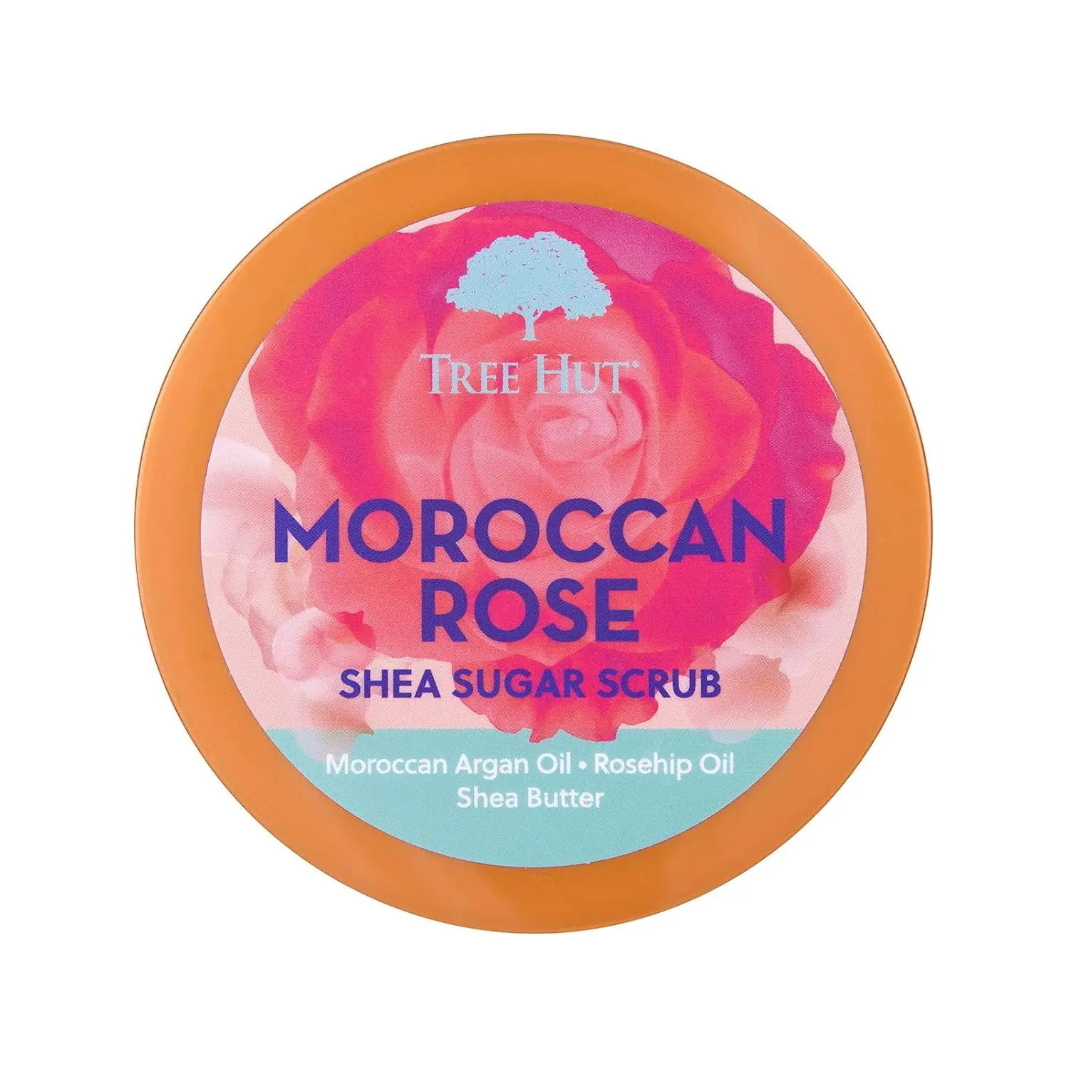 A jar of Tree Hut Moroccan Rose Shea Sugar Scrub provides gentle exfoliation and intense moisturization, leaving skin soft, smooth, and hydrated.