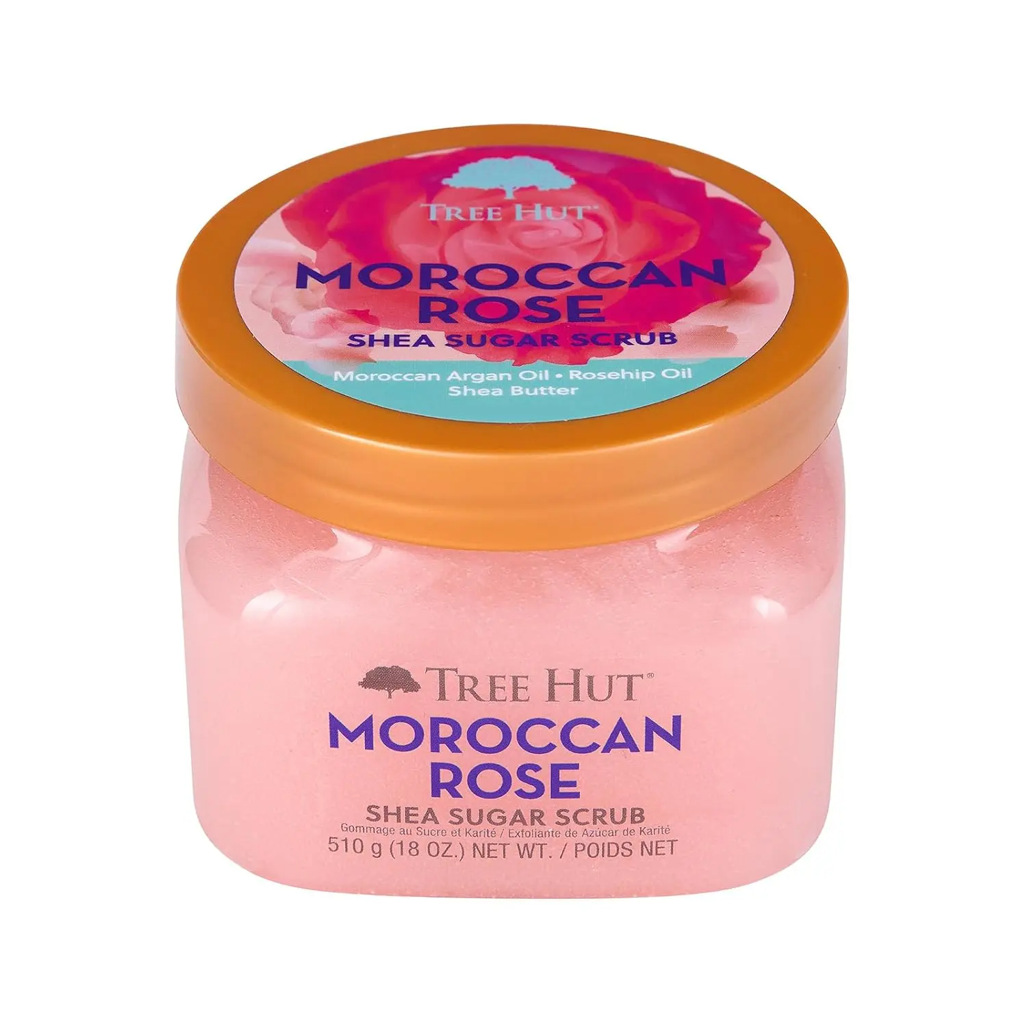 A jar of Tree Hut Moroccan Rose Shea Sugar Scrub provides gentle exfoliation and intense moisturization, leaving skin soft, smooth, and hydrated.