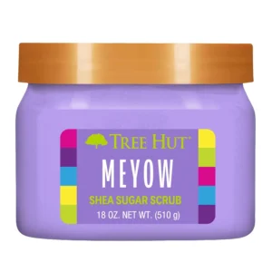Tree Hut Meyow shea sugar scrub gently exfoliates dead skin with a fruity blackberry lilac scent leaving skin soft, smooth, and hydrated.