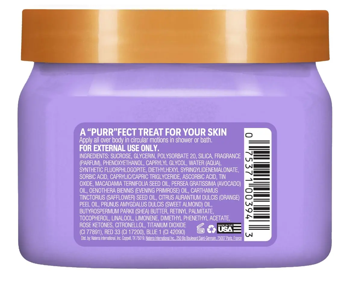 Tree Hut Meyow shea sugar scrub gently exfoliates dead skin with a fruity blackberry lilac scent leaving skin soft, smooth, and hydrated.