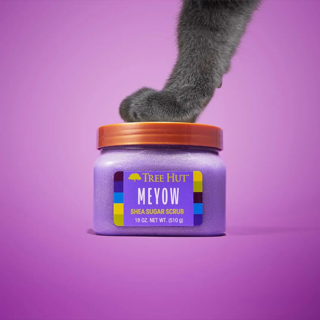 Tree Hut Meyow shea sugar scrub gently exfoliates dead skin with a fruity blackberry lilac scent leaving skin soft, smooth, and hydrated.