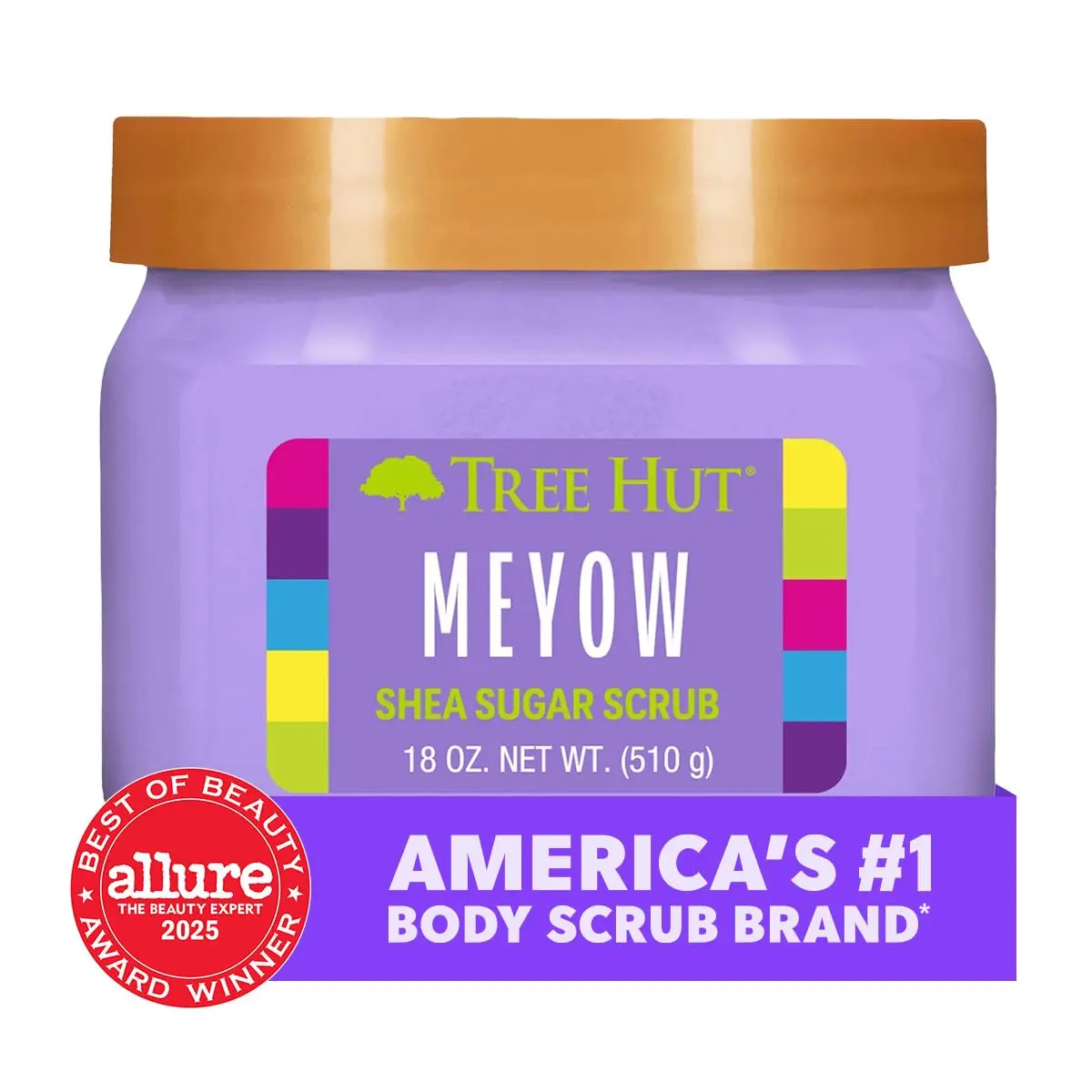 Tree Hut Meyow shea sugar scrub gently exfoliates dead skin with a fruity blackberry lilac scent leaving skin soft, smooth, and hydrated.