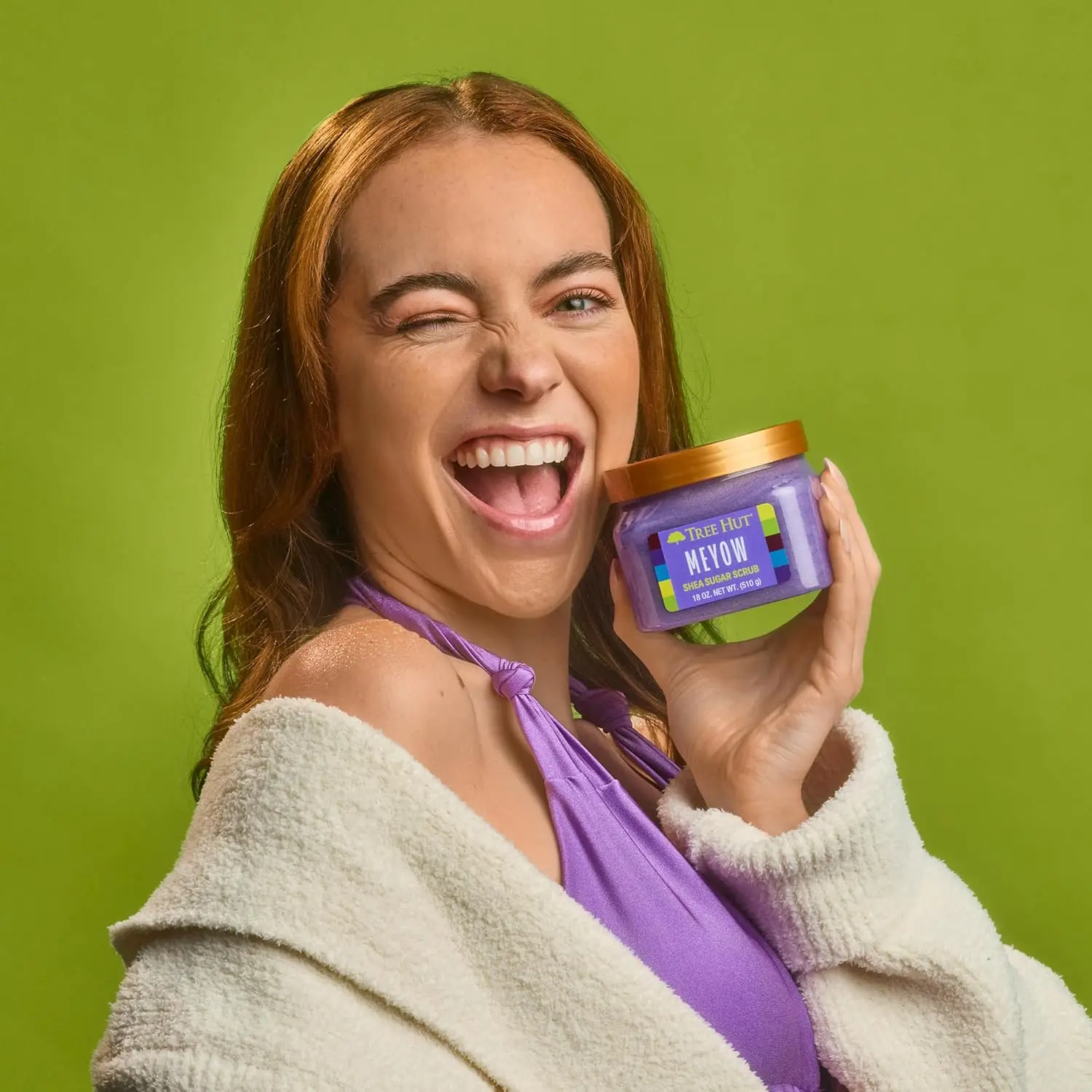 Tree Hut Meyow shea sugar scrub gently exfoliates dead skin with a fruity blackberry lilac scent leaving skin soft, smooth, and hydrated.